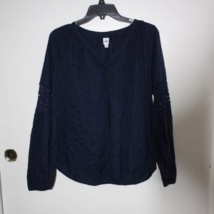 Navy blue eyelet embroidered peasant blouse. NWOT